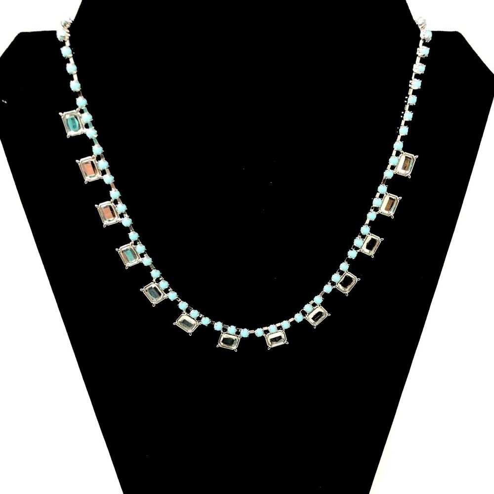 Lia Sophia Necklace Pendant Silver Tone Teal Blue Beads Clear Crystals Damsel